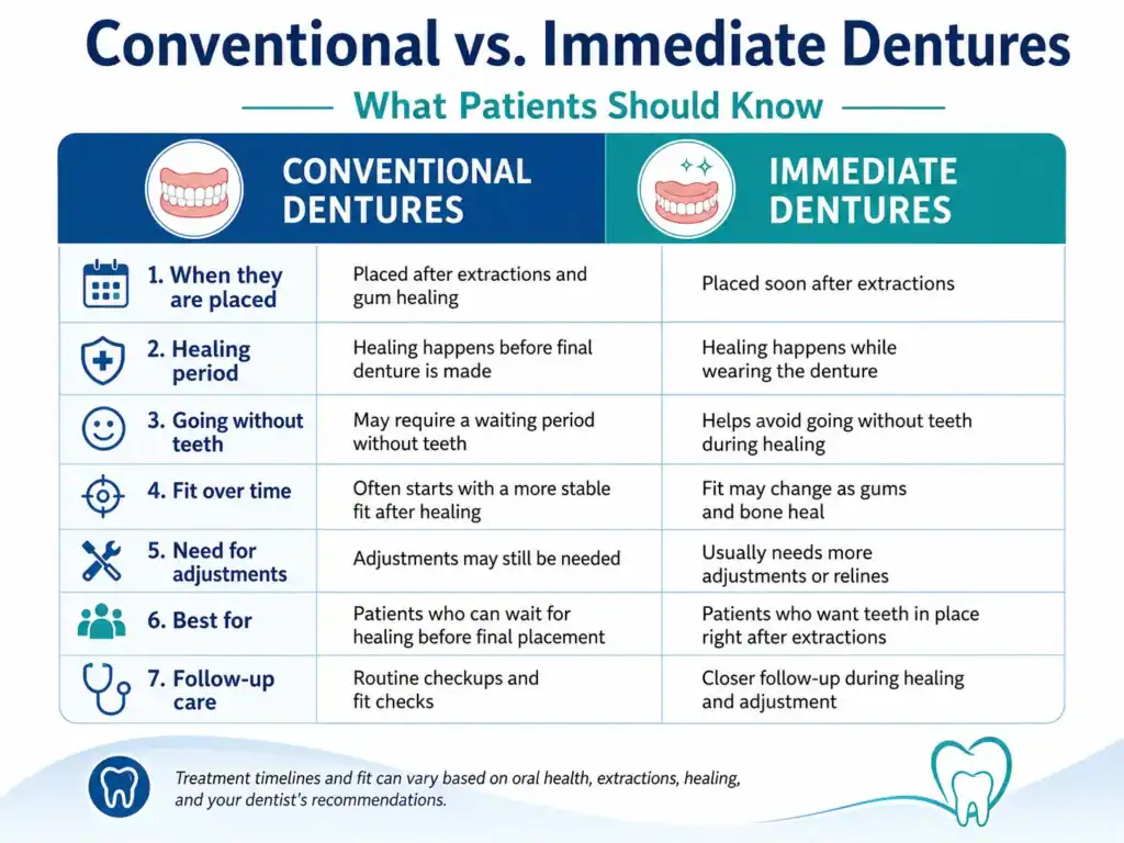 Conventional vs immediate dentures comparison chart explaining placement, healing, adjustments, and follow-up care